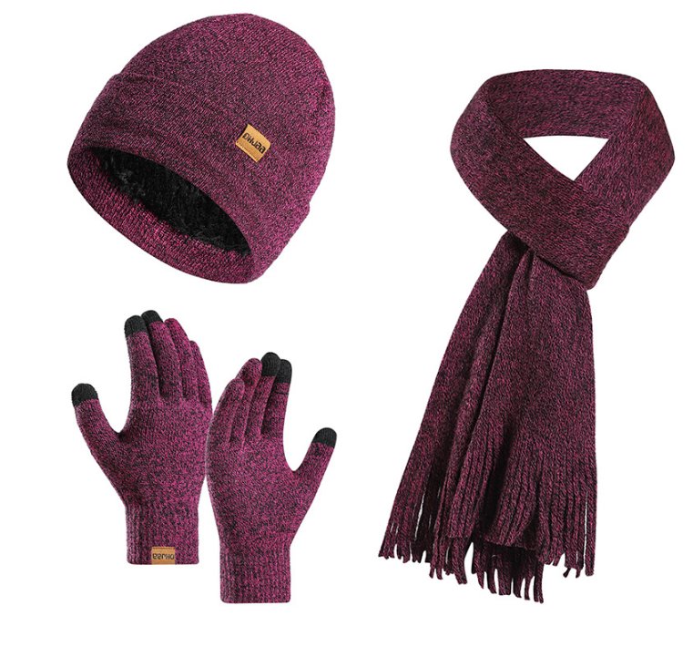 Fleece Knitted Hat, Scarf and Gloves Three-piece Warm Wool Set